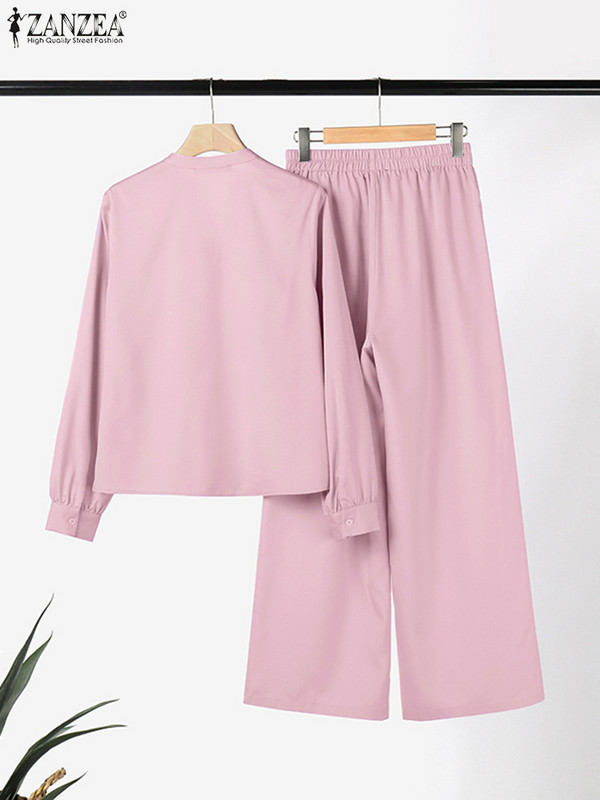 ZANZEA Γυναικεία σετ ασορτί γραφείου Κομψή μονόχρωμη μπλούζα & μακρύ παντελόνι Φθινοπωρινές φόρμες μόδας Casual OL Oversize