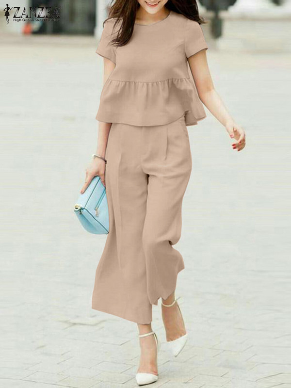 ZANZEA Elegantni dvodijelni set Ljetna bluza Odijelo Ženski odgovarajući kompleti Košulja kratkih rukava i široki kompleti hlača Odjeća Urbana trenirka