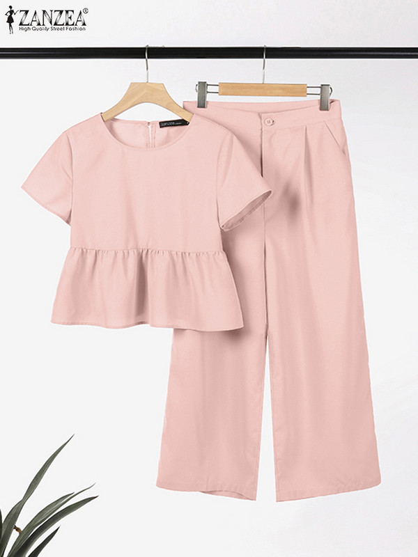 ZANZEA Elegantni dvodijelni set Ljetna bluza Odijelo Ženski odgovarajući kompleti Košulja kratkih rukava i široki kompleti hlača Odjeća Urbana trenirka