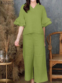 Ljetne modne trenirke ZANZEA Elegantno odijelo Ženske bluze i hlače s V izrezom Odgovarajući kompleti 2K. Ženske hlače Moderna odjeća