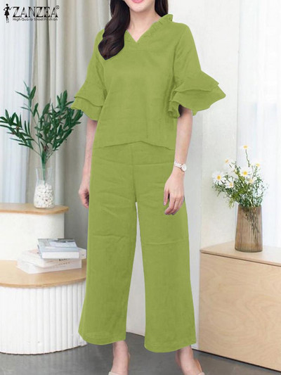 Ljetne modne trenirke ZANZEA Elegantno odijelo Ženske bluze i hlače s V izrezom Odgovarajući kompleti 2K. Ženske hlače Moderna odjeća