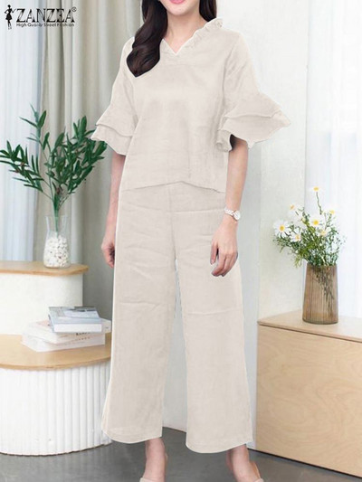 Ljetne modne trenirke ZANZEA Elegantno odijelo Ženske bluze i hlače s V izrezom Odgovarajući kompleti 2K. Ženske hlače Moderna odjeća
