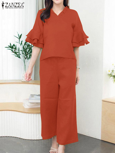 Ljetne modne trenirke ZANZEA Elegantno odijelo Ženske bluze i hlače s V izrezom Odgovarajući kompleti 2K. Ženske hlače Moderna odjeća