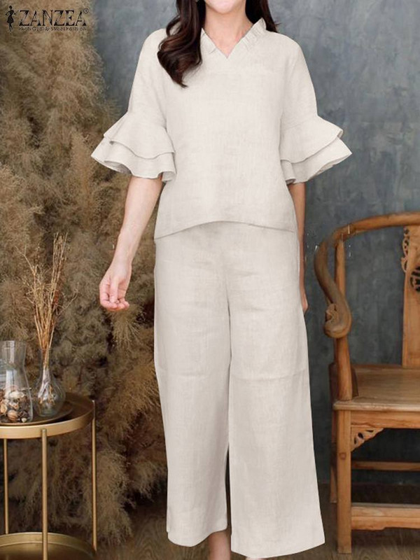 Ljetne modne trenirke ZANZEA Elegantno odijelo Ženske bluze i hlače s V izrezom Odgovarajući kompleti 2K. Ženske hlače Moderna odjeća