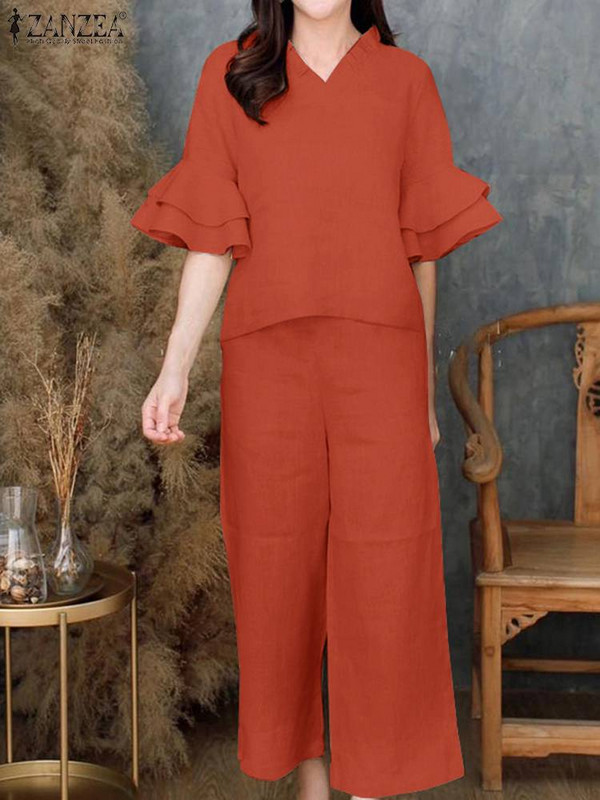 Ljetne modne trenirke ZANZEA Elegantno odijelo Ženske bluze i hlače s V izrezom Odgovarajući kompleti 2K. Ženske hlače Moderna odjeća