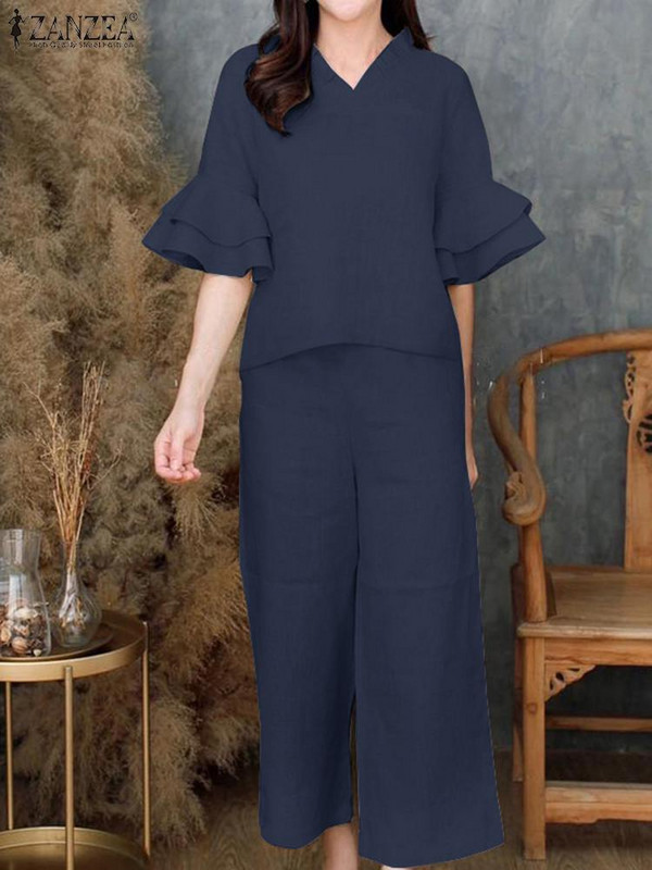 Ljetne modne trenirke ZANZEA Elegantno odijelo Ženske bluze i hlače s V izrezom Odgovarajući kompleti 2K. Ženske hlače Moderna odjeća