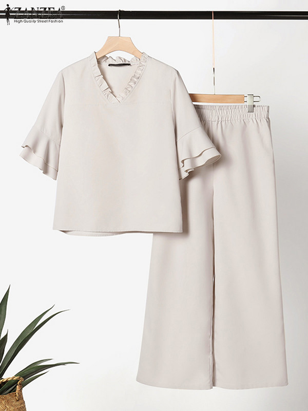 Ljetne modne trenirke ZANZEA Elegantno odijelo Ženske bluze i hlače s V izrezom Odgovarajući kompleti 2K. Ženske hlače Moderna odjeća
