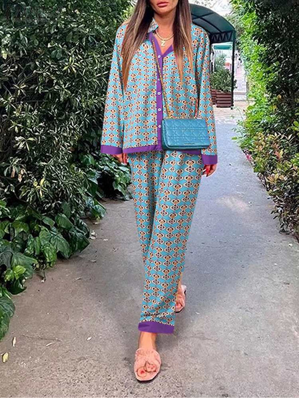 ZANZEA naiste trükitud komplektid, vabad tänavariided, puhkerõivad, pikkade varrukatega pluus ja vabad püksid, vabaaja komplekt, spordidressid