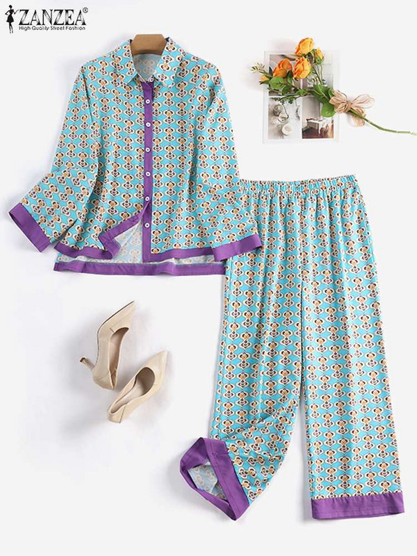 ZANZEA naiste trükitud komplektid, vabad tänavariided, puhkerõivad, pikkade varrukatega pluus ja vabad püksid, vabaaja komplekt, spordidressid