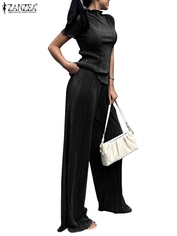 Ženska modna odjeća Ležerna plisirana majica kratkih rukava Kompleti od 2 komada ZANZEA 2023 Ljetna ulična odjeća Trenirke Visokog struka Hlače