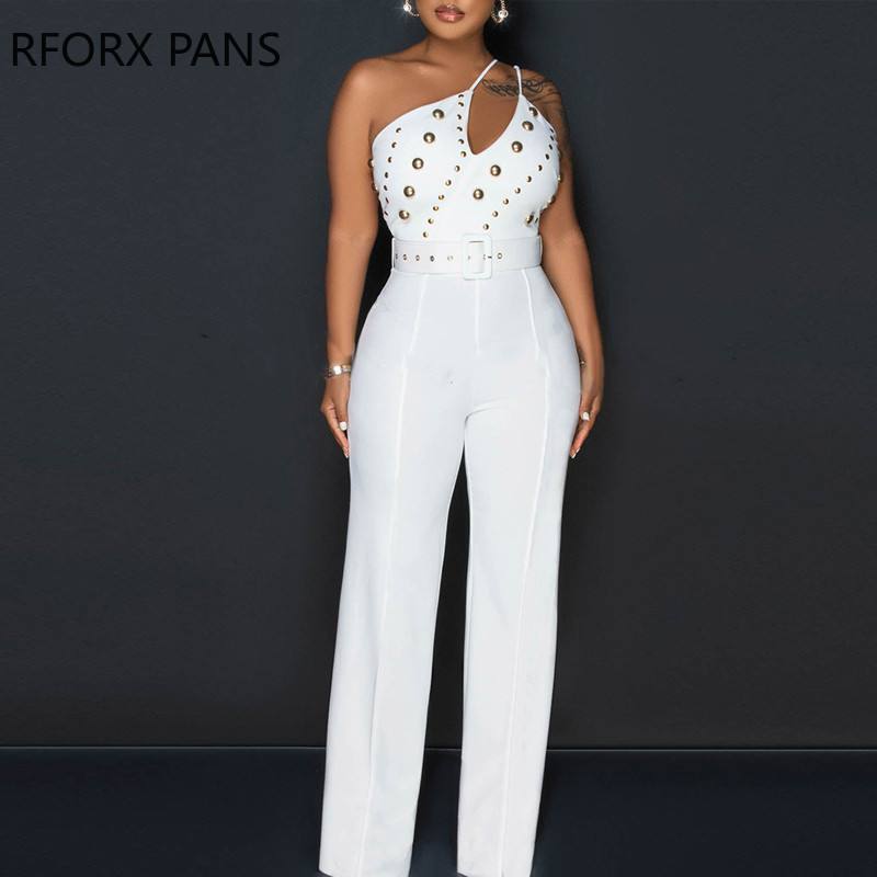 Naiste soliidne, elegantne ühe õlaga spagetirihmadega neet koos vööga töötav kombinesoon