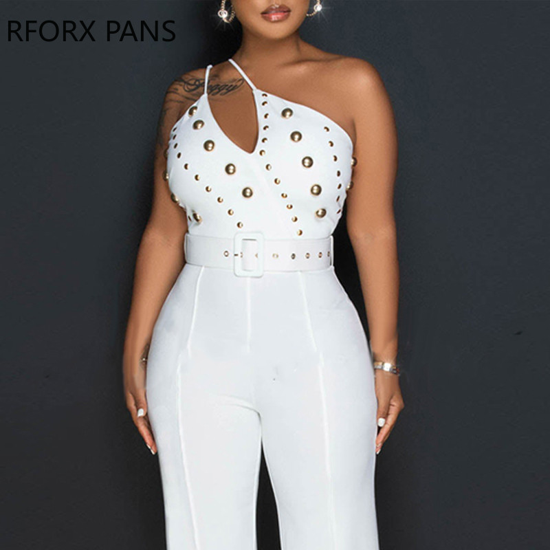 Naiste soliidne, elegantne ühe õlaga spagetirihmadega neet koos vööga töötav kombinesoon