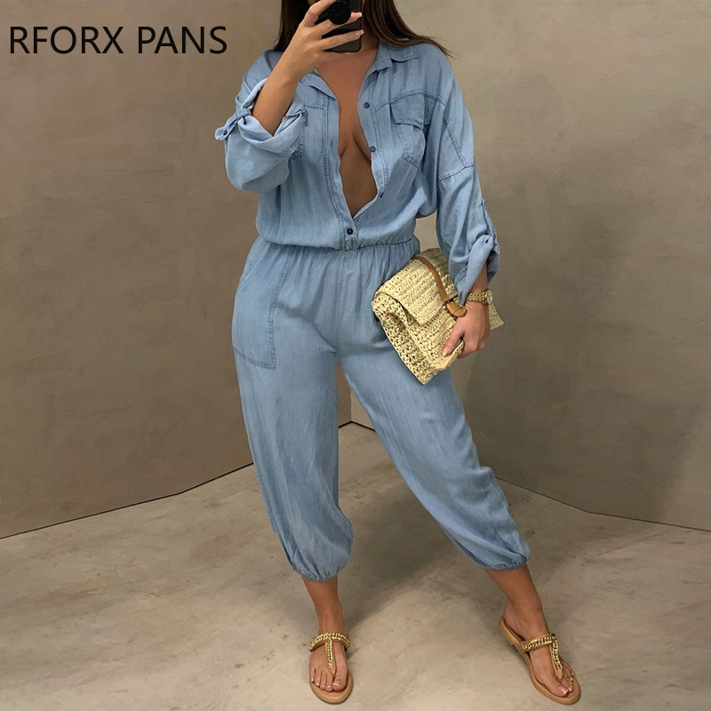 Ženski šik ležerni skraćeni traperice izdubljeni kargo BFstyle kombinezon dugih rukava