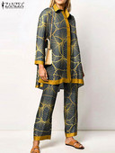 ZANZEA naiste pikad püksid 2023 spordidress Mood retrotrükiga 2tk püksikomplektid pühade pikkade varrukatega revääridega särgid komplektid elegantsed
