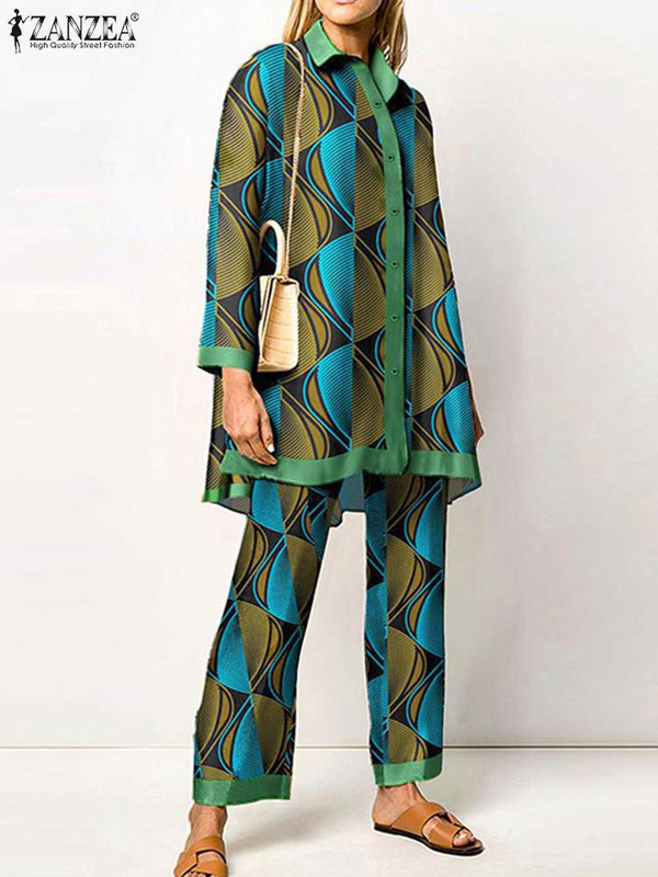 ZANZEA naiste pikad püksid 2023 spordidress Mood retrotrükiga 2tk püksikomplektid pühade pikkade varrukatega revääridega särgid komplektid elegantsed