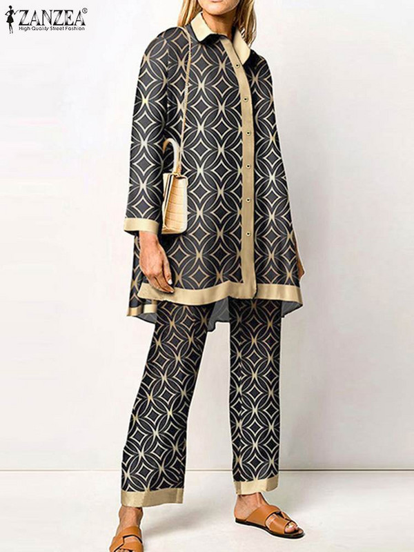 ZANZEA naiste pikad püksid 2023 spordidress Mood retrotrükiga 2tk püksikomplektid pühade pikkade varrukatega revääridega särgid komplektid elegantsed