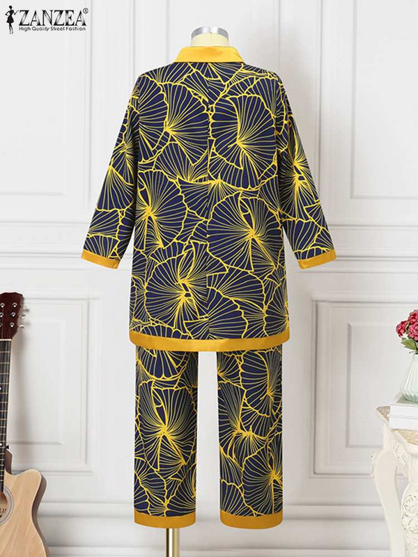 ZANZEA naiste pikad püksid 2023 spordidress Mood retrotrükiga 2tk püksikomplektid pühade pikkade varrukatega revääridega särgid komplektid elegantsed