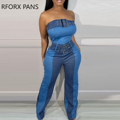 Naiste elegantne sirge õlapaelteta teksariidest lapiline varrukateta kombinesoon, seksikas kombinesoon