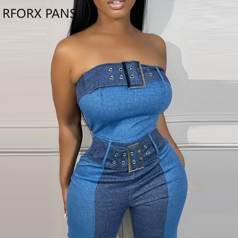 Naiste elegantne sirge õlapaelteta teksariidest lapiline varrukateta kombinesoon, seksikas kombinesoon