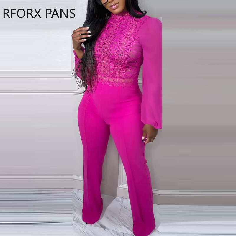 Κομψή γυναικεία ίσια φόρμα με μασίφ δαντέλα με μακρύ διχτυωτό συνονθύλευμα αντίθεσης