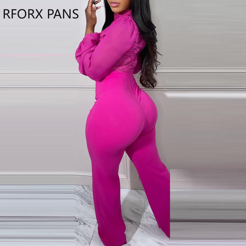 Κομψή γυναικεία ίσια φόρμα με μασίφ δαντέλα με μακρύ διχτυωτό συνονθύλευμα αντίθεσης