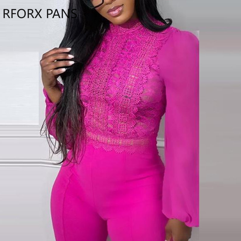 Κομψή γυναικεία ίσια φόρμα με μασίφ δαντέλα με μακρύ διχτυωτό συνονθύλευμα αντίθεσης