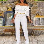 Casual ίσια λευκή ολόσωμη φόρμα Women Soild Huffle Chain Sashes Off Shoulder