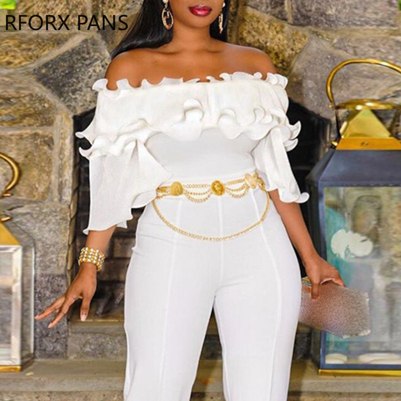 Naiste õlgadest eemaldatud Mudel Ruffle Hem Chain Sashes õlgadest vaba vabaaja sirge valge kombinesoon