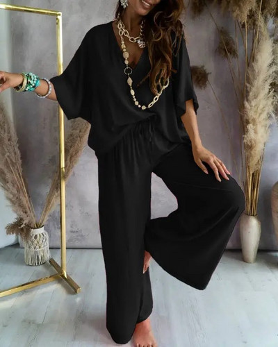Ženska ležerna široka dvodijelna odijela, modna bluza s V-izrezom, bijeli kompleti hlača širokih nogavica Ženska elegantna jesenska boho odjeća s krilima šišmiša