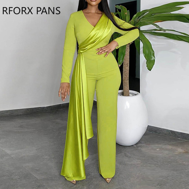 Salopetă de lucru pentru femei, cu decolteu în V, mâneci lungi, cu decorație din satin