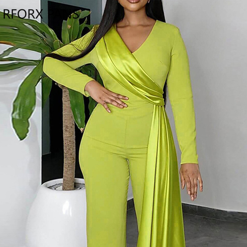 Salopetă de lucru pentru femei, cu decolteu în V, mâneci lungi, cu decorație din satin