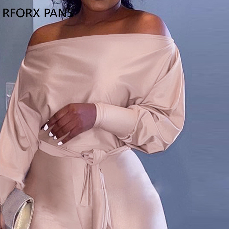 Ženski elegantni kombinezon s otvorenim ramenima i dugim rukavima, jednobojni, uski nogavica s remenom