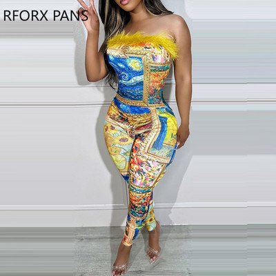 2023 Naiste Allover Print Olkaimeta Sulgede Decor Varrukateta Seksikas Suvine Jumpsuit