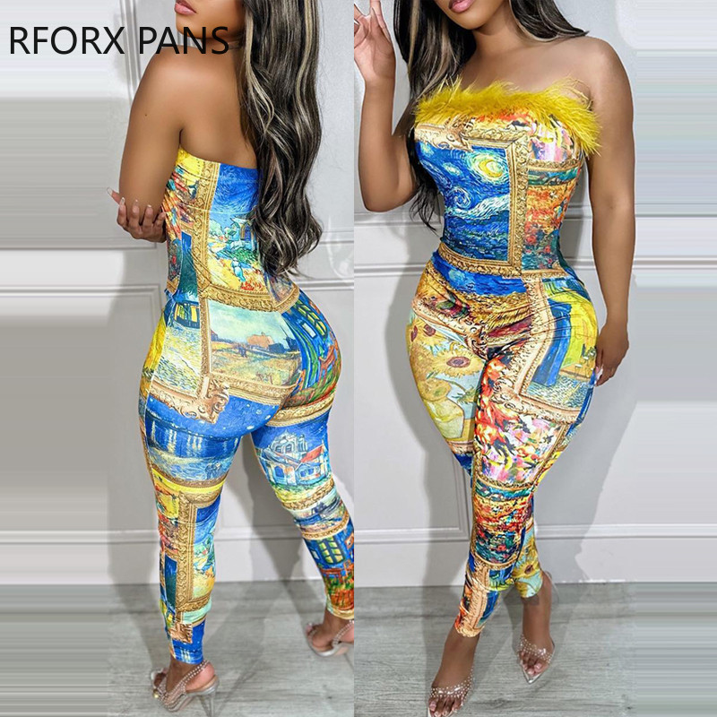 2023 Naiste Allover Print Olkaimeta Sulgede Decor Varrukateta Seksikas Suvine Jumpsuit