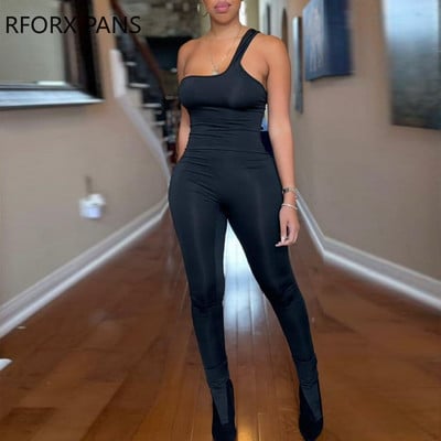 Moteriškas solidus elegantiškas vieno peties suvarstomas Bodycon juodas seksualus kombinezonas
