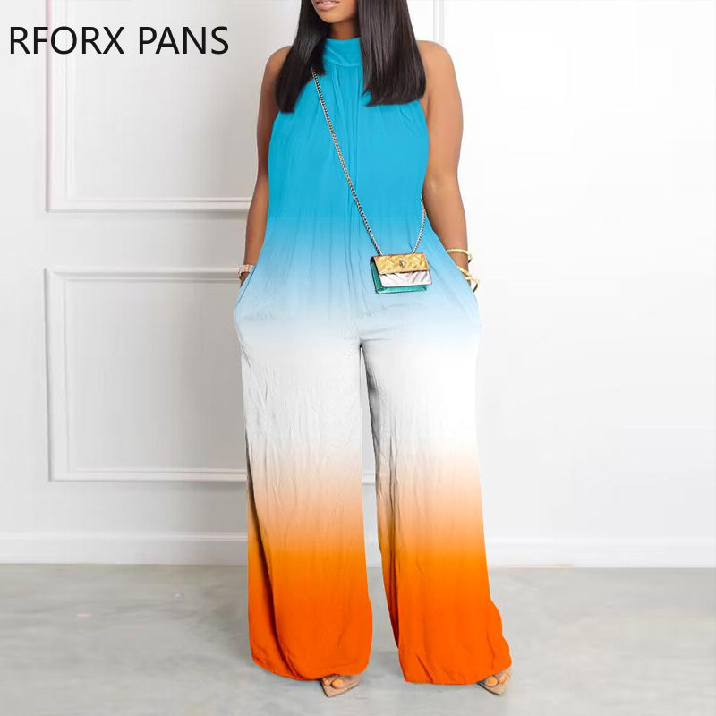 Naiste elegantsed päitsetega gradiendivärvi varrukateta taskuga vabad seksikad sirge säärega kombinesoonid