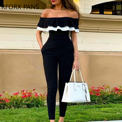 Női Elegáns Solid Slash gallér fodros szegélyek Bodycon Working szexi fekete Jumpsuit