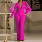 Ženski elegantni svjetlucavi radni kombinezon s dugim lampion rukavima i dubokim V izrezom s ravnim nogavicama