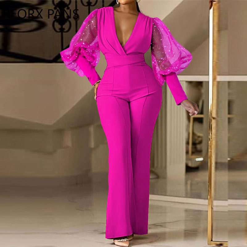 Ženski elegantni svjetlucavi radni kombinezon s dugim lampion rukavima i dubokim V izrezom s ravnim nogavicama