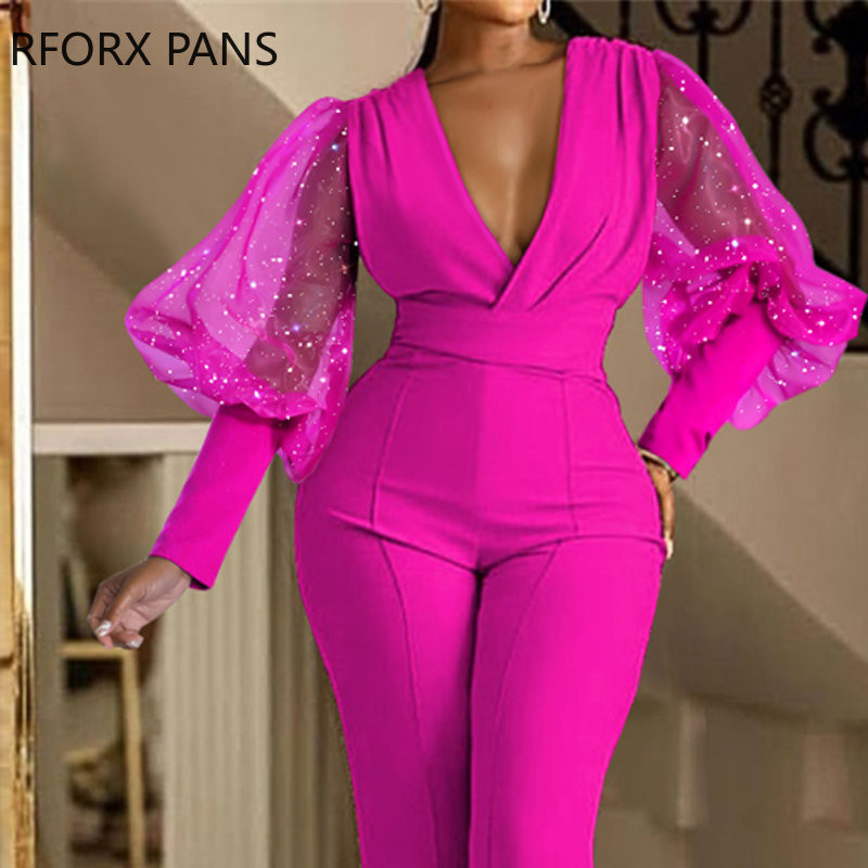 Ženski elegantni svjetlucavi radni kombinezon s dugim lampion rukavima i dubokim V izrezom s ravnim nogavicama