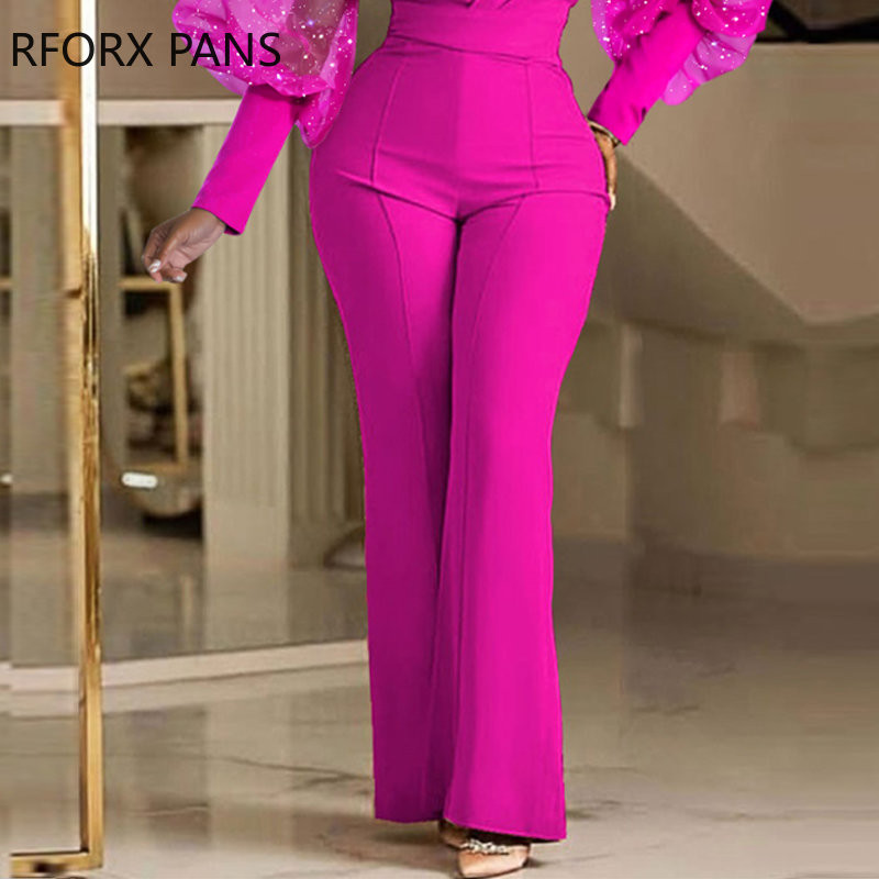 Ženski elegantni svjetlucavi radni kombinezon s dugim lampion rukavima i dubokim V izrezom s ravnim nogavicama