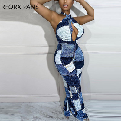 2023. Ženski elegantni križani halteri izdubljeni patchwork uzorak bez leđa ravnih nogavica Seksi kombinezoni