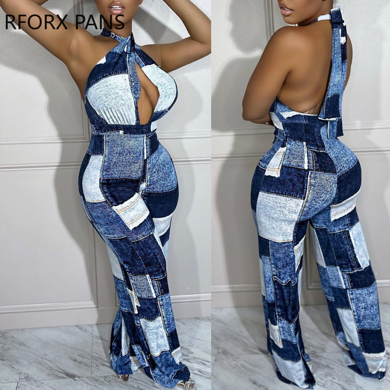 2023. Ženski elegantni križani halteri izdubljeni patchwork uzorak bez leđa ravnih nogavica Seksi kombinezoni
