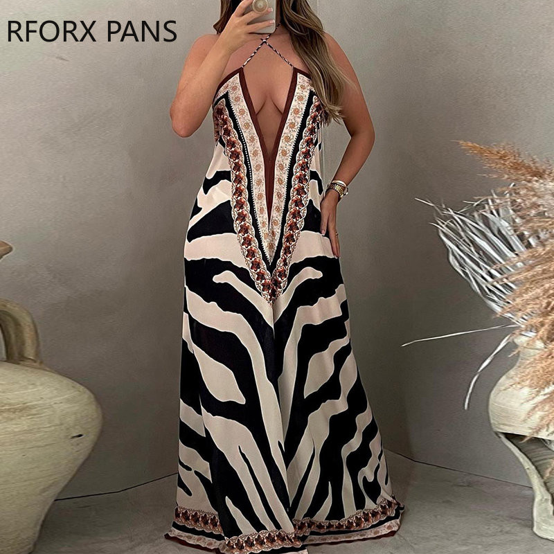 2023. aasta naiste elegantsed üleni prinditud Criss Cross päitsetega varrukateta sügava V kaelusega seksikad sirge säärega kombinesoonid