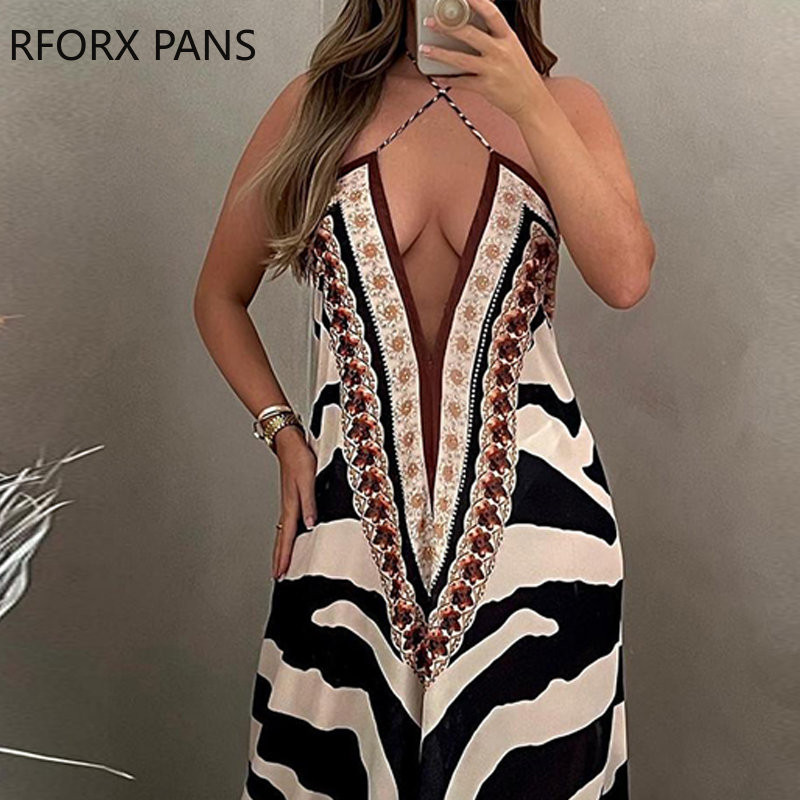 2023. aasta naiste elegantsed üleni prinditud Criss Cross päitsetega varrukateta sügava V kaelusega seksikad sirge säärega kombinesoonid