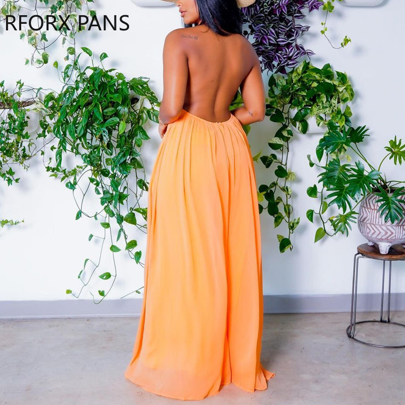 Ženski šik, jednobojni seksi kombinezon bez rukava i širokih nogavica bez leđa