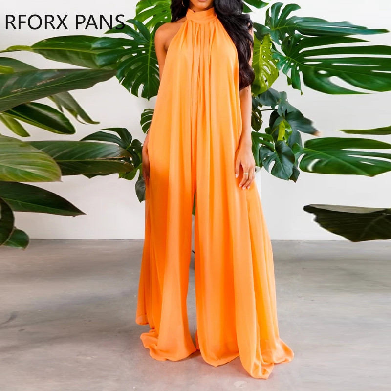 Ženski šik, jednobojni seksi kombinezon bez rukava i širokih nogavica bez leđa