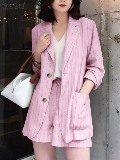 Elegantsed naiste triibulise pluusi lühikesed komplektid, kaheosalised komplektid, kostüümid ZANZEA moodne reväärikaelusega pikkade varrukatega särk, lahtised sobivad komplektid