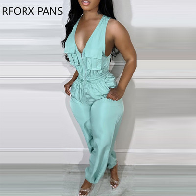 2023 Γυναικεία φόρμα με ίσια ίσια φόρμα με φερμουάρ με βαθιές τσέπες V λαιμό