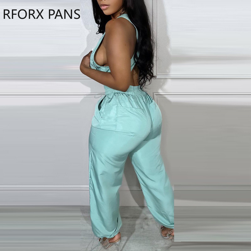 2023 Γυναικεία φόρμα με ίσια ίσια φόρμα με φερμουάρ με βαθιές τσέπες V λαιμό